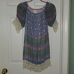 Black Bead tassel printed dress Sz S